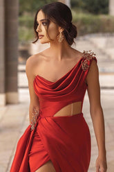 Burgundy One Shoulder Satin High Split Long Prom Dress With Panel Train